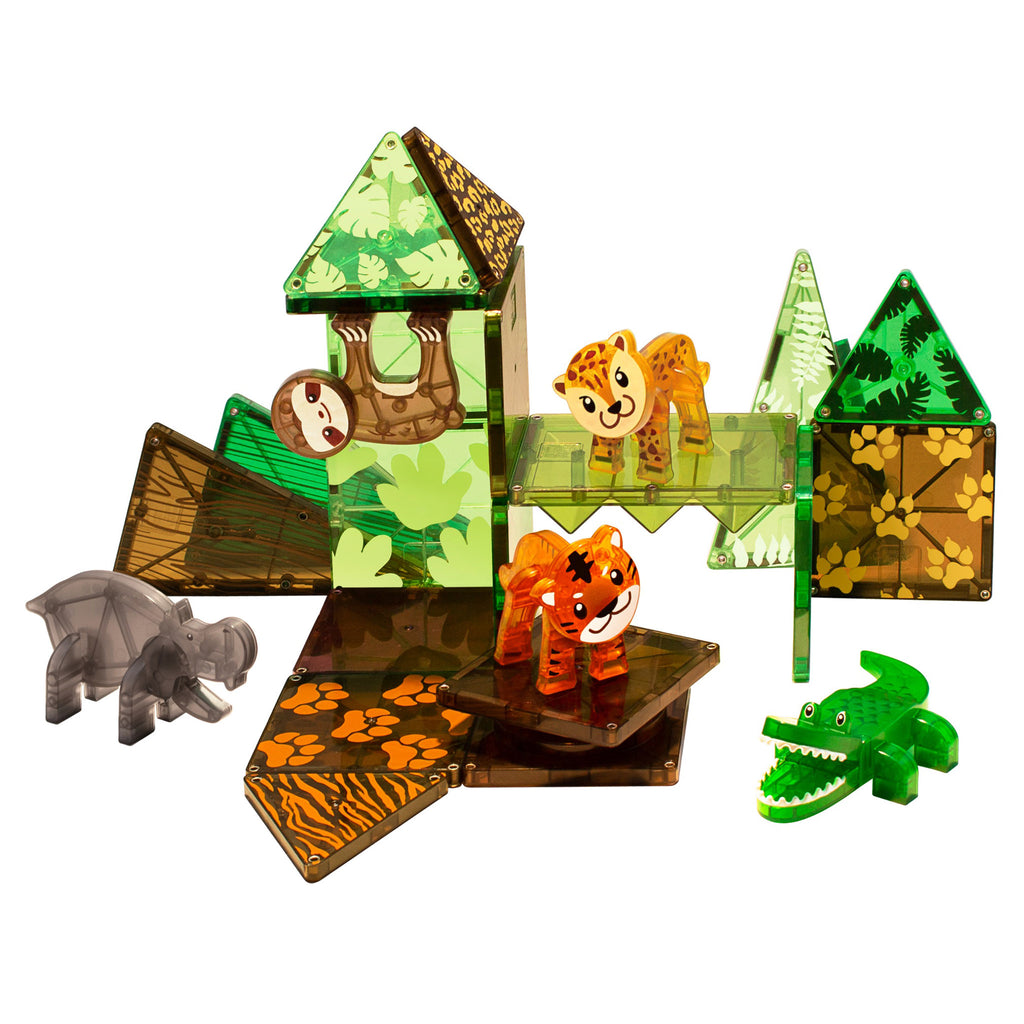 Magna-Tiles Jungle Animals themed magnetic tile kids 25 piece building set, in play with all pieces shown.