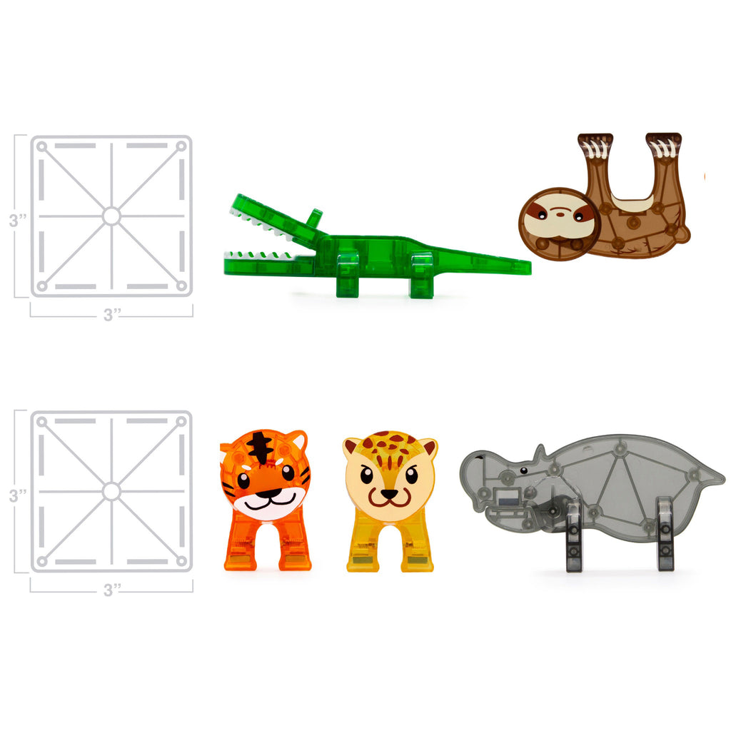 Magna-Tiles Jungle Animals themed magnetic tile kids building set, animal figures next to 3 inch squares to show scale.