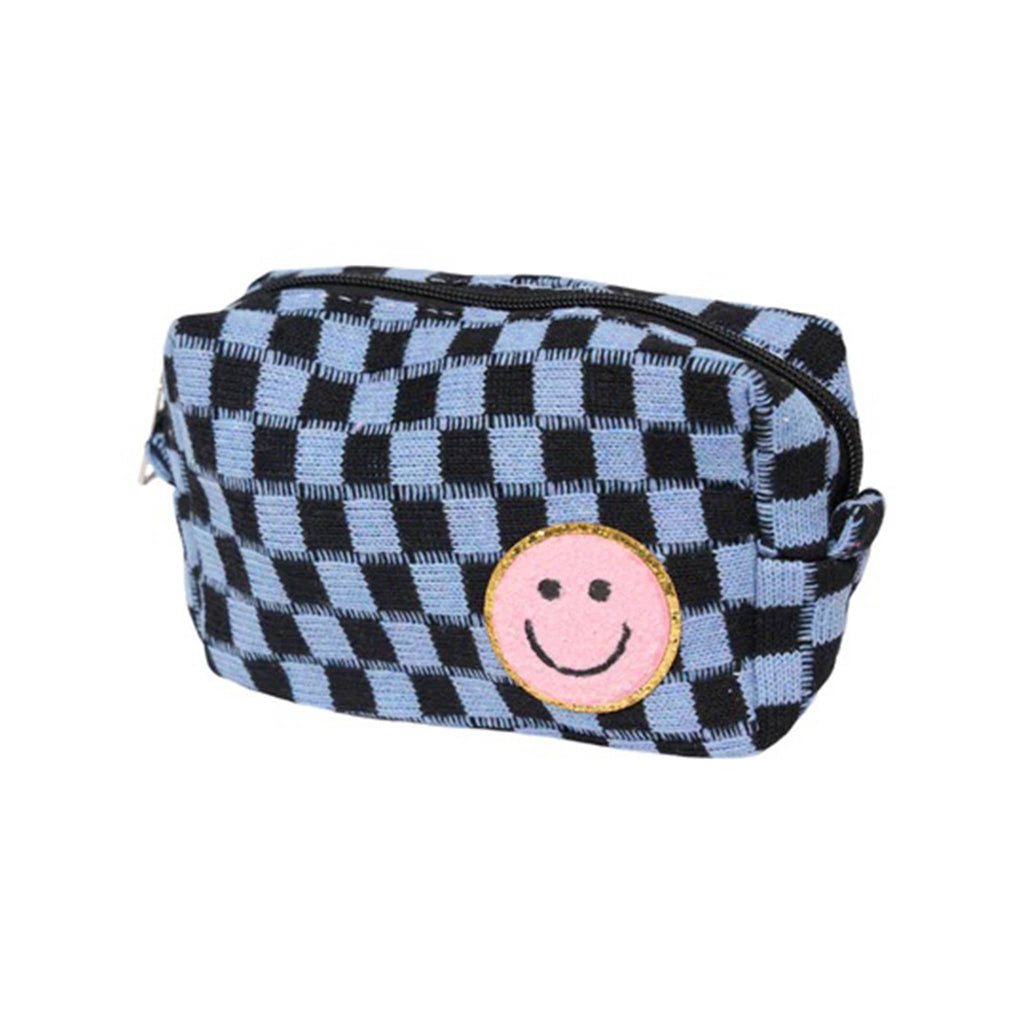 Malibu Sugar Daily Candy Blue and Black Checkered soft cosmetic bag with chenille pink smiley face patch and black zipper, front view.