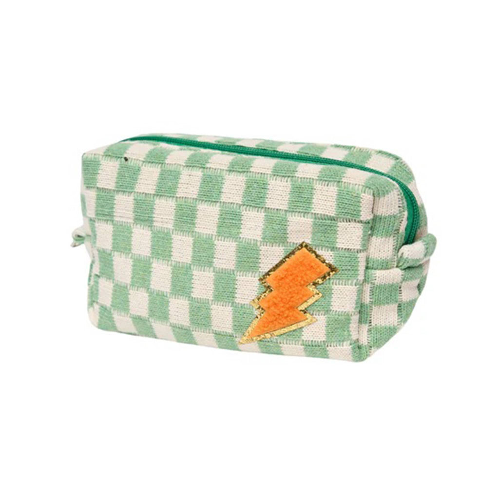 Malibu Sugar Daily Candy Green and White Checkered soft cosmetic bag with chenille lightning bolt patch and green zipper, front view.