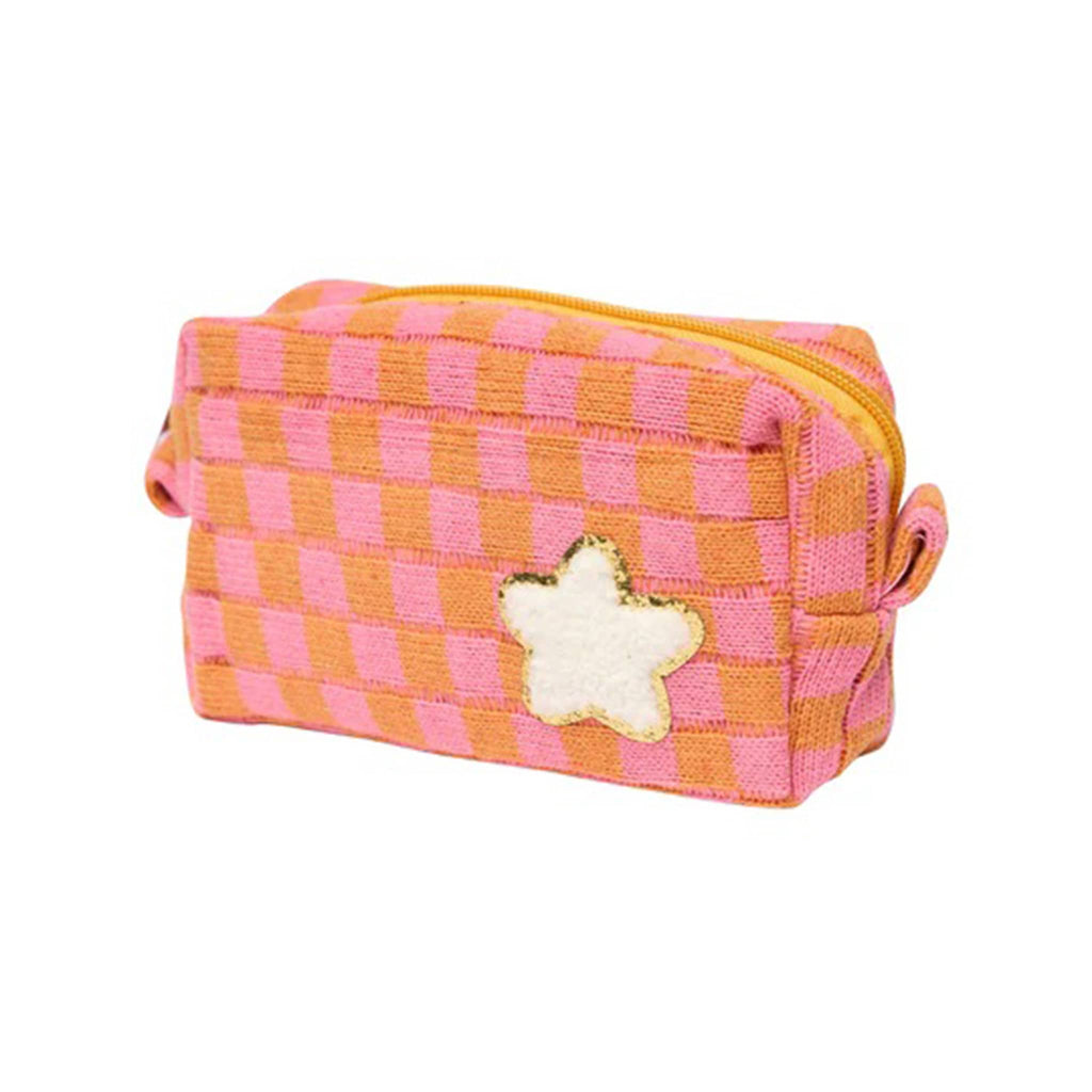 Malibu Sugar Daily Candy Pink and Orange Checkered soft cosmetic bag with chenille star patch and orange zipper, front view.