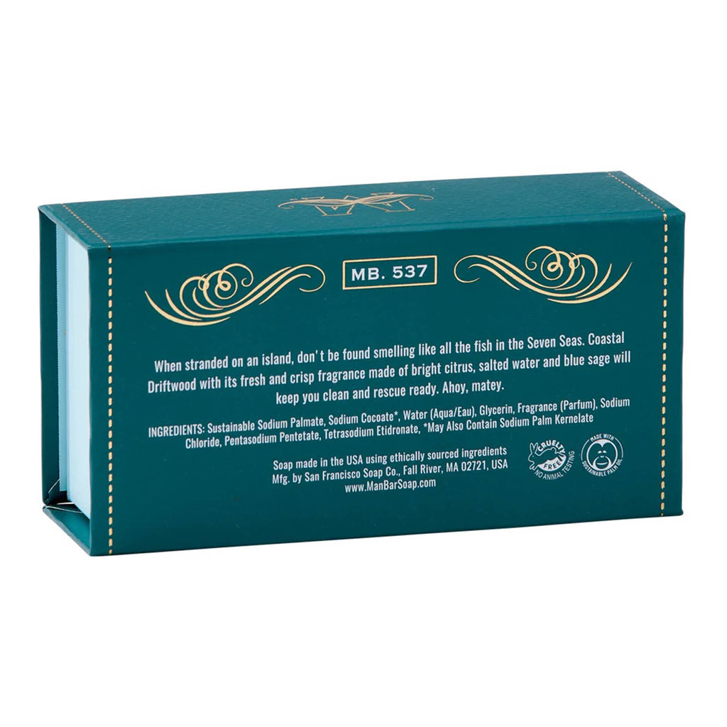 Man Bar Clean Comfort Coastal Driftwood scented bar soap in teal packaging, back angle view.