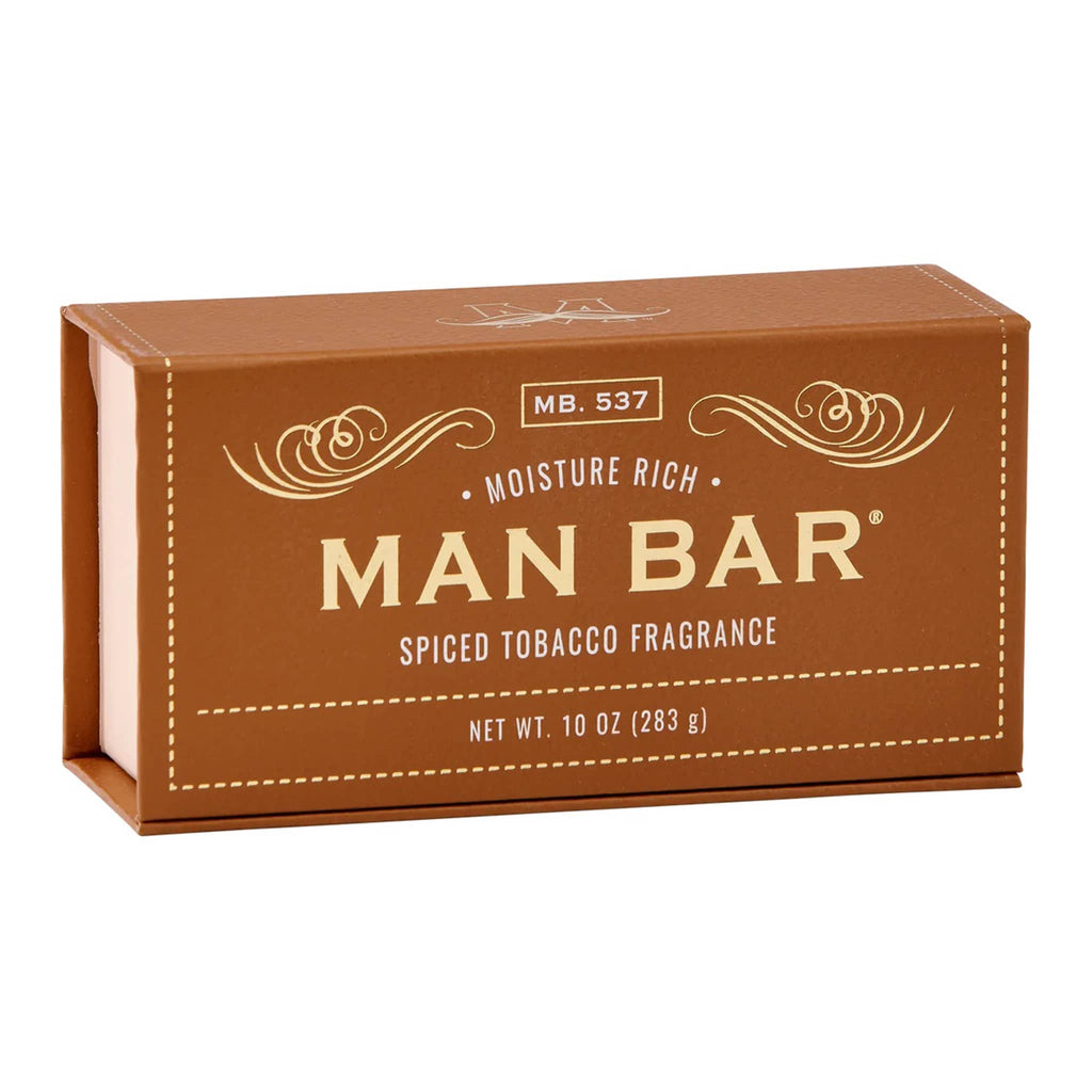 Man Bar Moisture Rich Spiced Tobacco scented bar soap in tan packaging, front angle view.