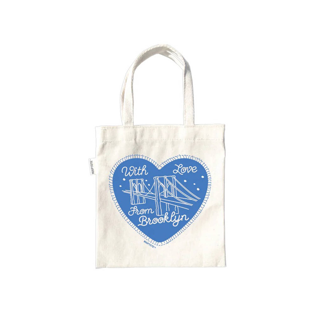 Small canvas tote bag with a blue heart design with bridge and "with love from brooklyn" on a white background.