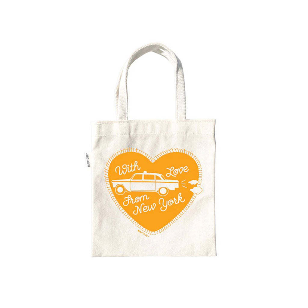 Small canvas tote bag with a yellow heart design with taxi and "with love from new york" on a white background.