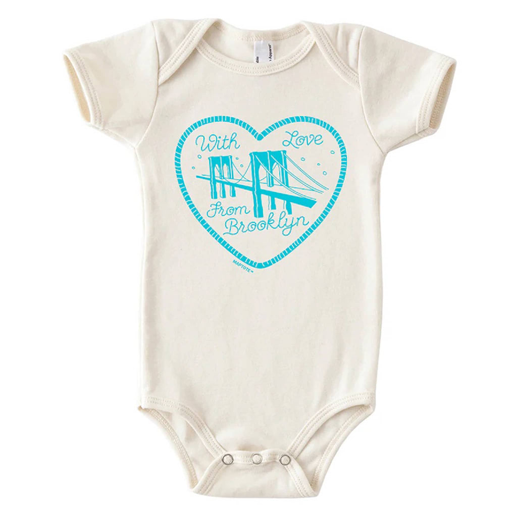 Maptote baby one piece with "with love from Brookyn" and an illustration of the brooklyn bridge in a heart.