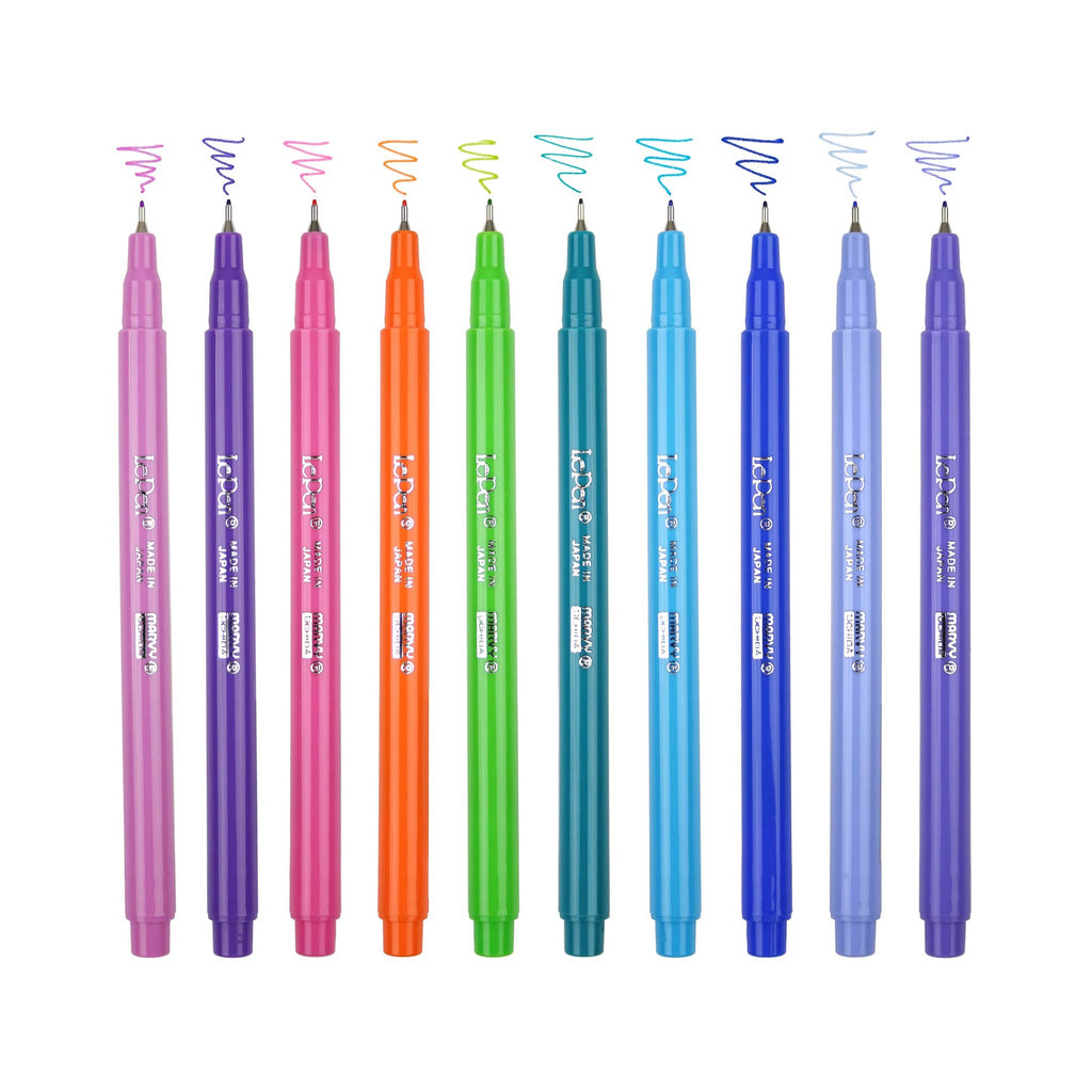 Marvy Uchida Le Pen 10 piece Bright Colors felt tip pen set with doodle showing each ink color.