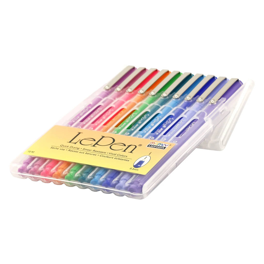 Marvy Uchida Le Pen 10 piece Bright Colors felt tip pen set in packaging, with easel.