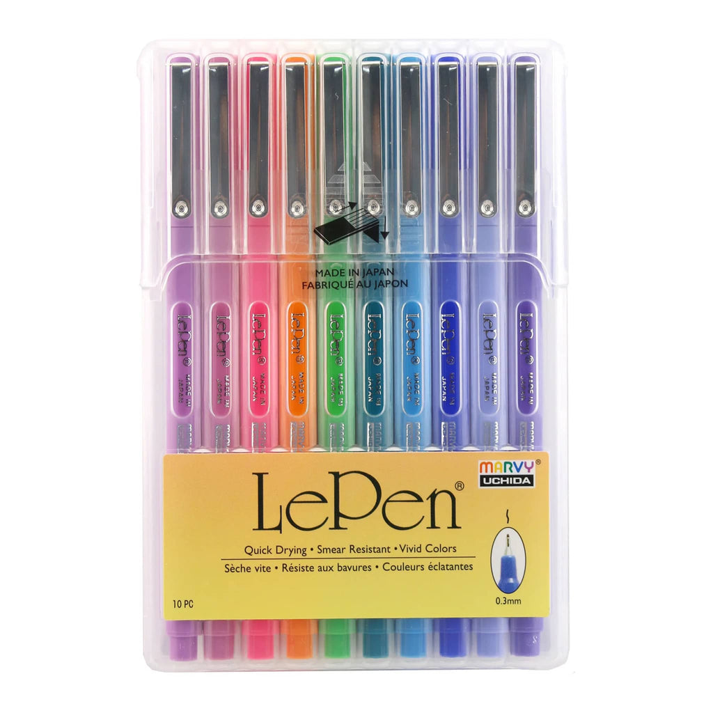 Marvy Uchida Le Pen 10 piece Bright Colors felt tip pen set in packaging, front view.