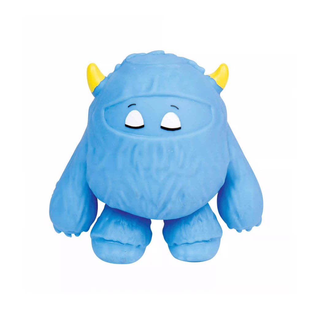 Blue squishy yeti with yellow horns on a white background.