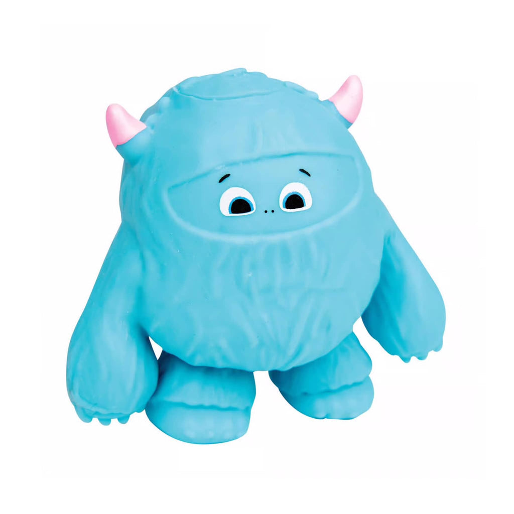 Blue squishy yeti with pink horns on a white background.