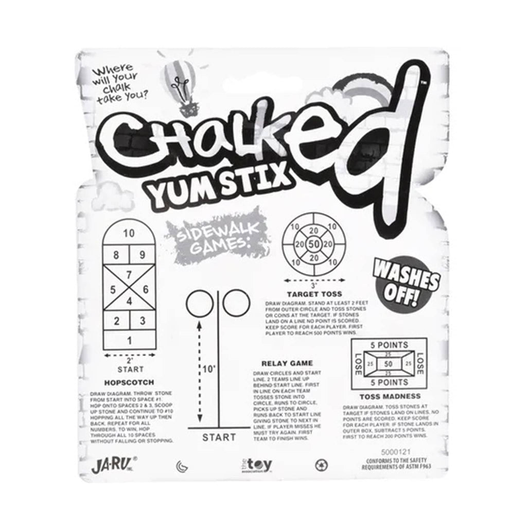 Master Toys and Novelties Chalked Yum Stix ice cream cone shaped washable chalk in blister packaging, back view with instructions for 5 sidewalk games.