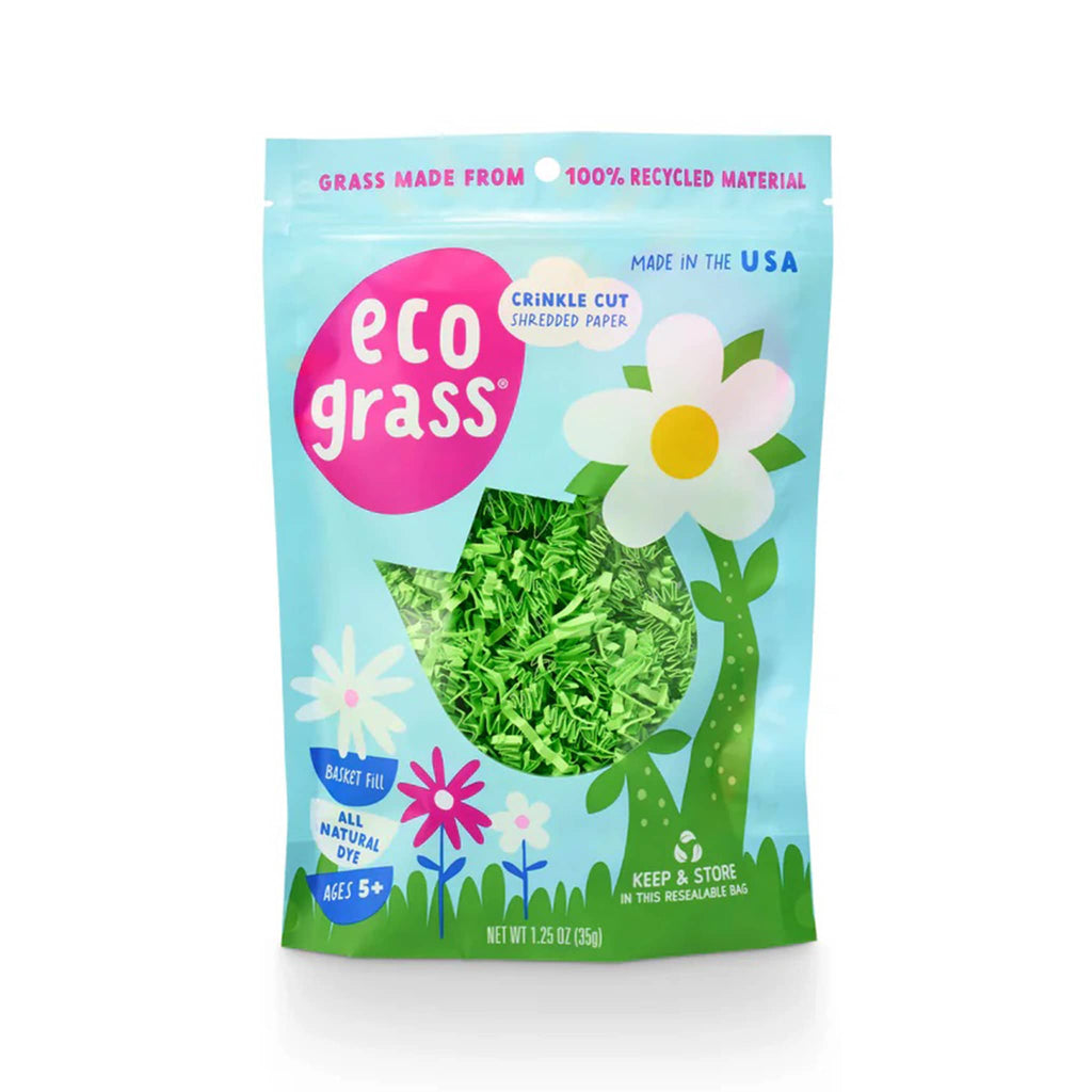 Maud Borup green crinkle cut eco grass in pouch packaging, front view.