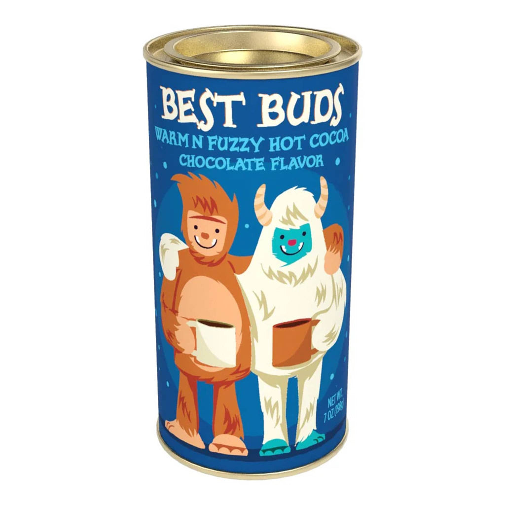 McSteven's Best Buds Warm n Fuzzy Chocolate Hot Cocoa Mix in 7 ounce blue canister, front view.