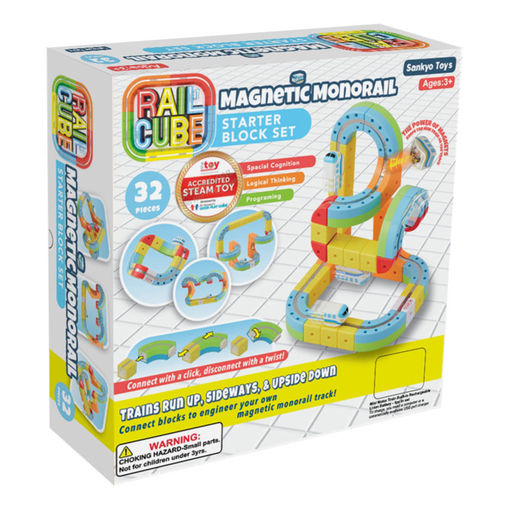 Meekins Rail Cube Magnetic Monorail Starter Block Set in box packaging, front angle view.