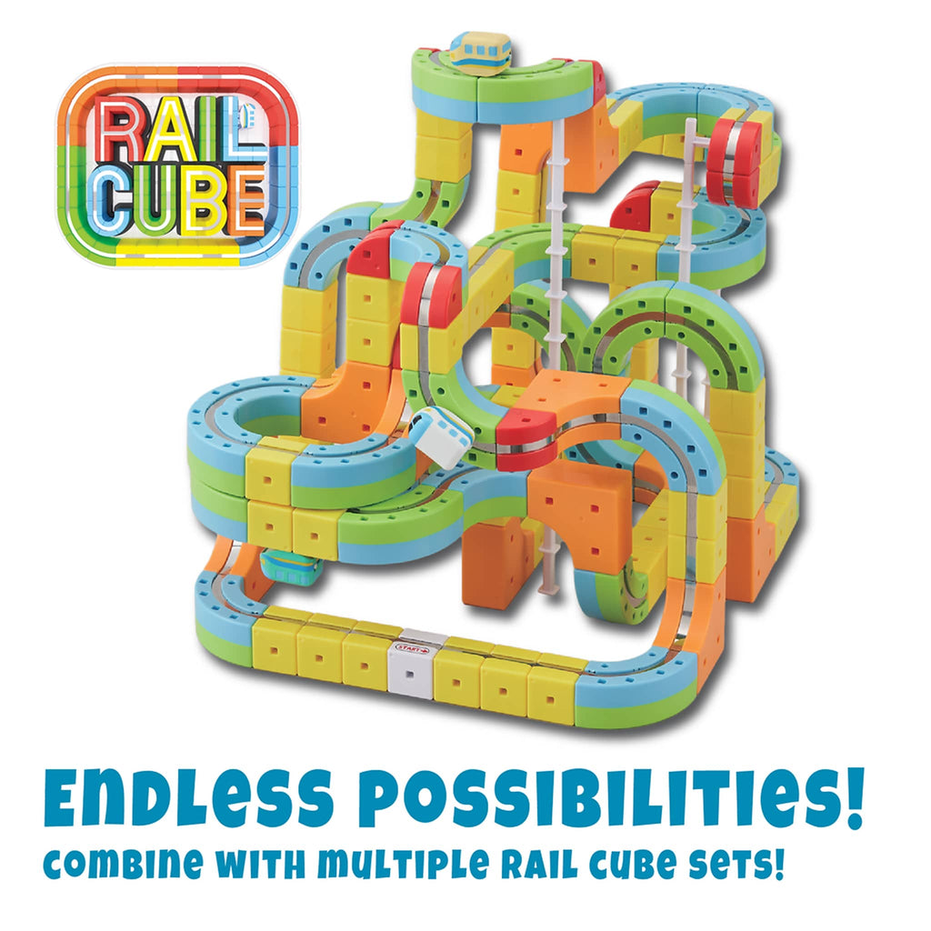 Meekins Rail Cube Magnetic Monorail Deluxe Block Set, shown combined with other sets to create a larger set.