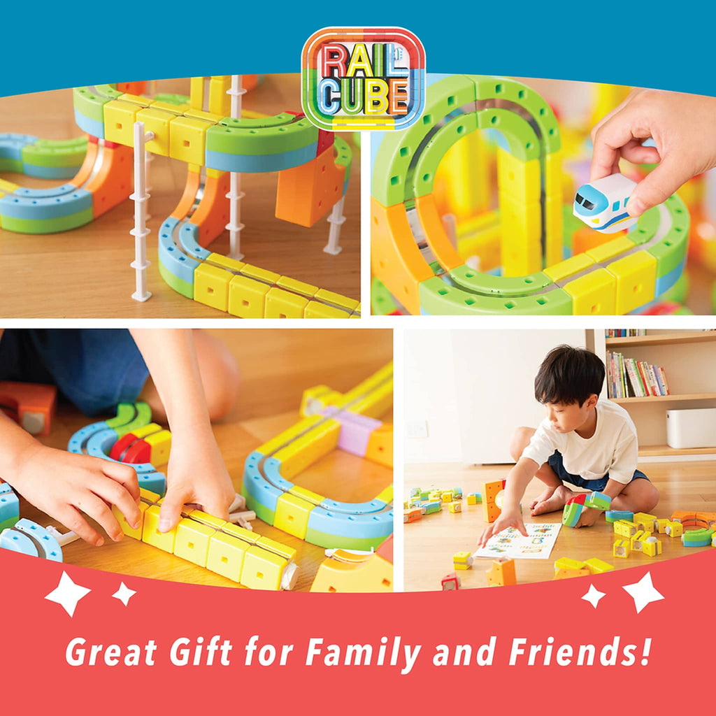 Meekins Rail Cube Magnetic Monorail Deluxe Block Set, details with child playing.