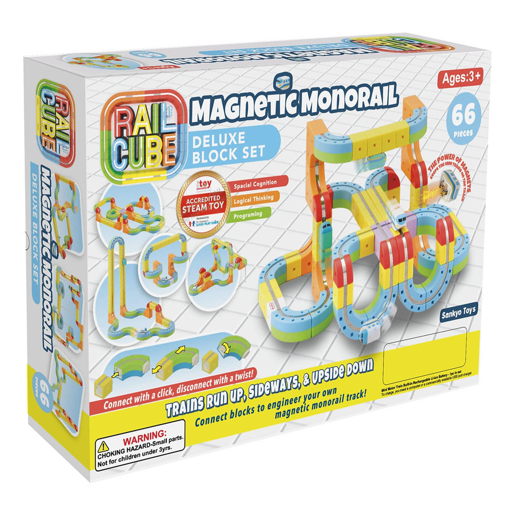 Meekins Rail Cube Magnetic Monorail Deluxe Block Set in box packaging, front angle view.