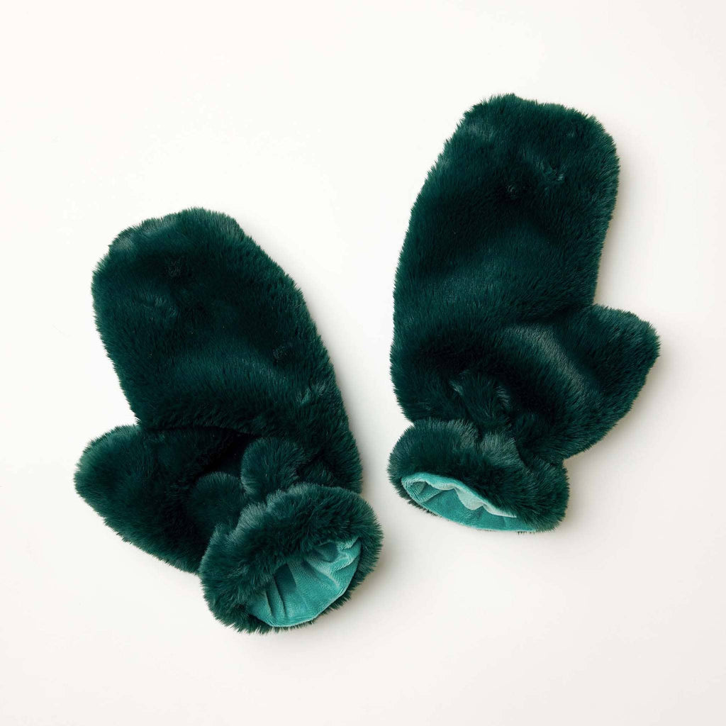 MERSEA women's pine green cozy cabin faux fur mittens on white background.