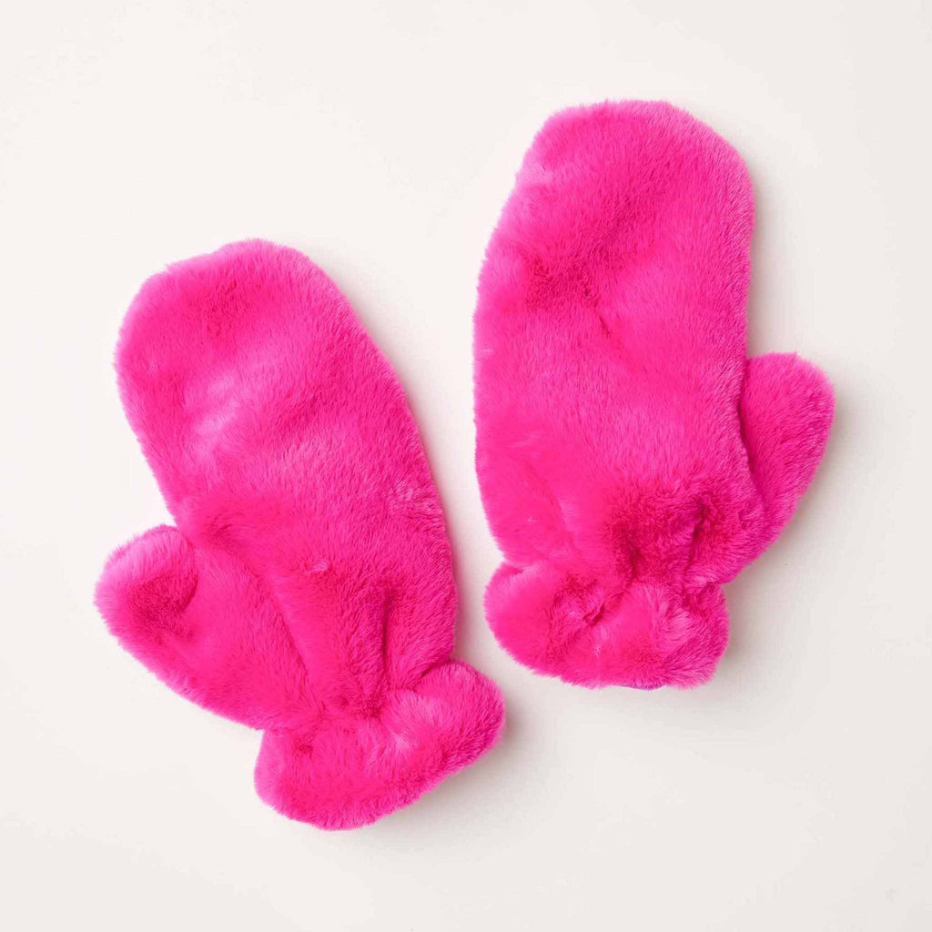 MERSEA women's ultraviolet hot pink cozy cabin faux fur mittens on white background.