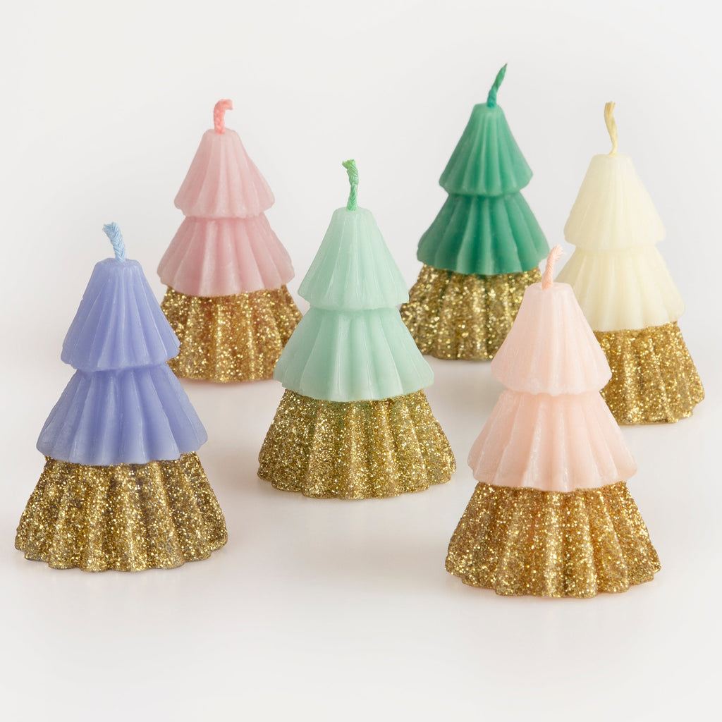 Meri Meri rainbow glitter tree shaped unscented candles in 6 colors, detail.