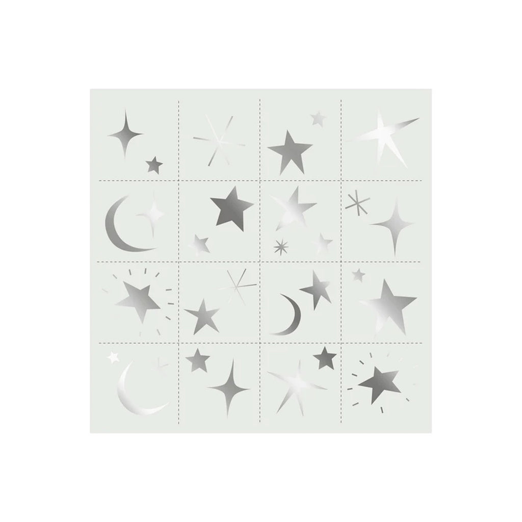 Meri Meri Pumpkin Decorating Kit, one of the included sheets of temporary tattoos with shiny silver stars and moons.