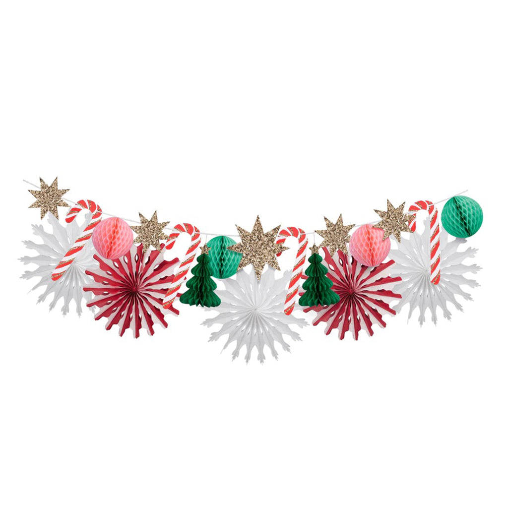 Meri Meri Christmas Honeycomb holiday garland with white honeycomb fans, red & white striped honeycomb fans, pink and mint green honeycomb balls, dark green honeycomb trees, gold glitter stars and candy canes, stretched out to show entire length.
