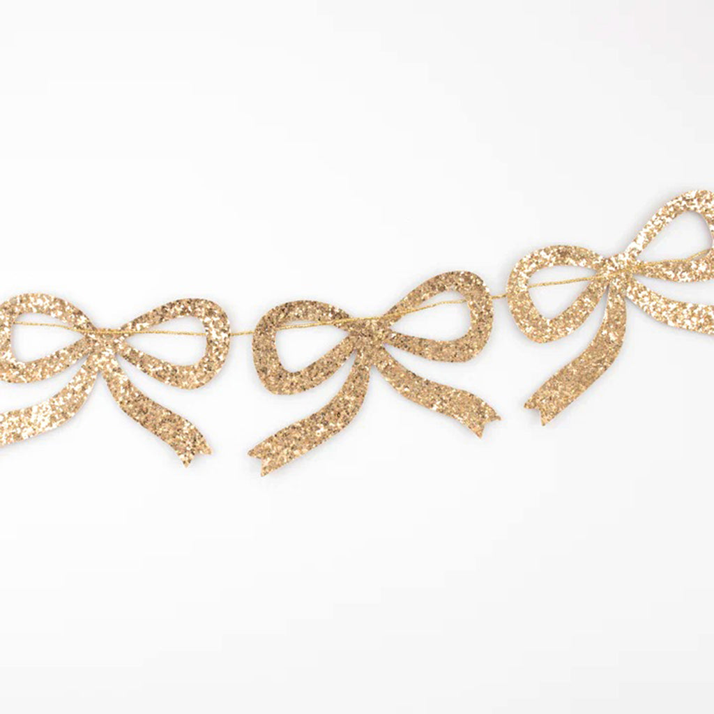 Meri Meri Gold Glitter Bow holiday Christmas garland, detail of bows.