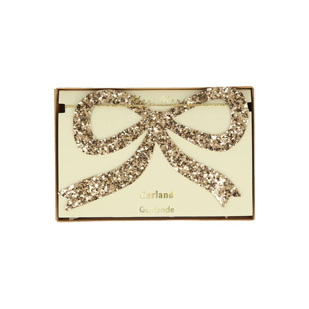 Meri Meri Gold Glitter Bow holiday Christmas garland in box packaging.