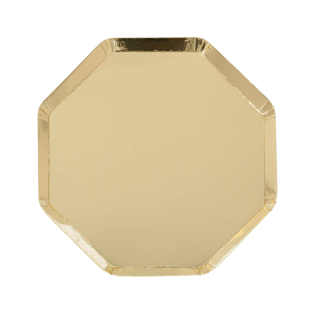 Gold octagonal paper plate on a white background.