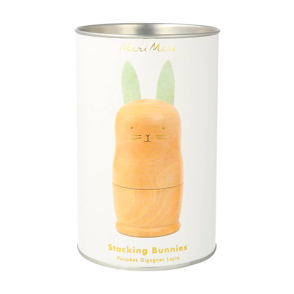 Meri Meri wood stacking bunnies toy, set of five shown in canister packaging.