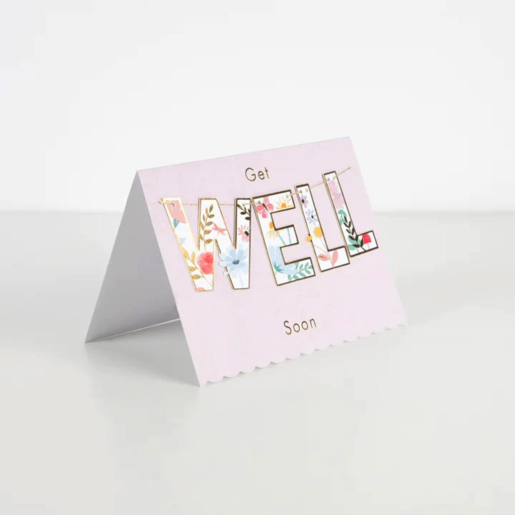 Meri Meri Get Well Soon Garland Card, card is tented with a scalloped edge.