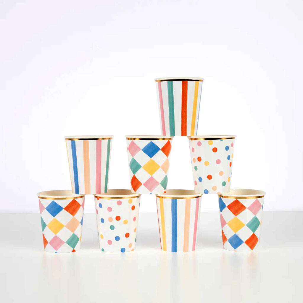 Meri Meri Colorful Pattern Party Cups, set of 8 stacked.