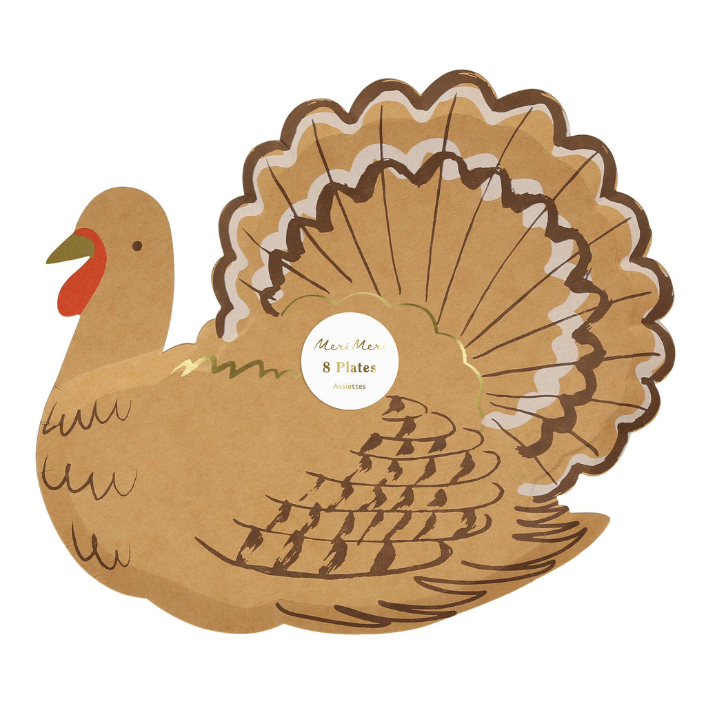 Meri Meri turkey die-cut paper thanksgiving party plates in packaging.