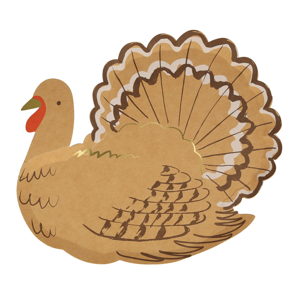 Meri Meri turkey die-cut paper thanksgiving party plate with gold foil details.