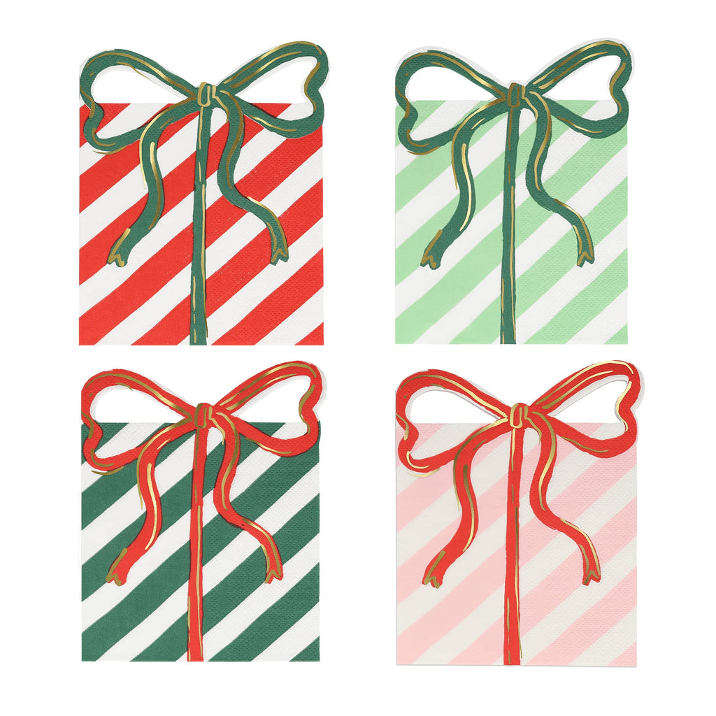 Four paper napkins with striped patterns and green, red, and pink ribbons on a white background.