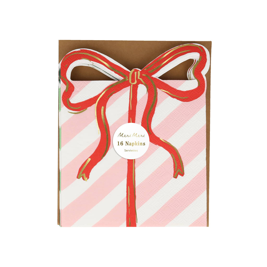 Pack of napkins with a striped present with bow design on a white background.