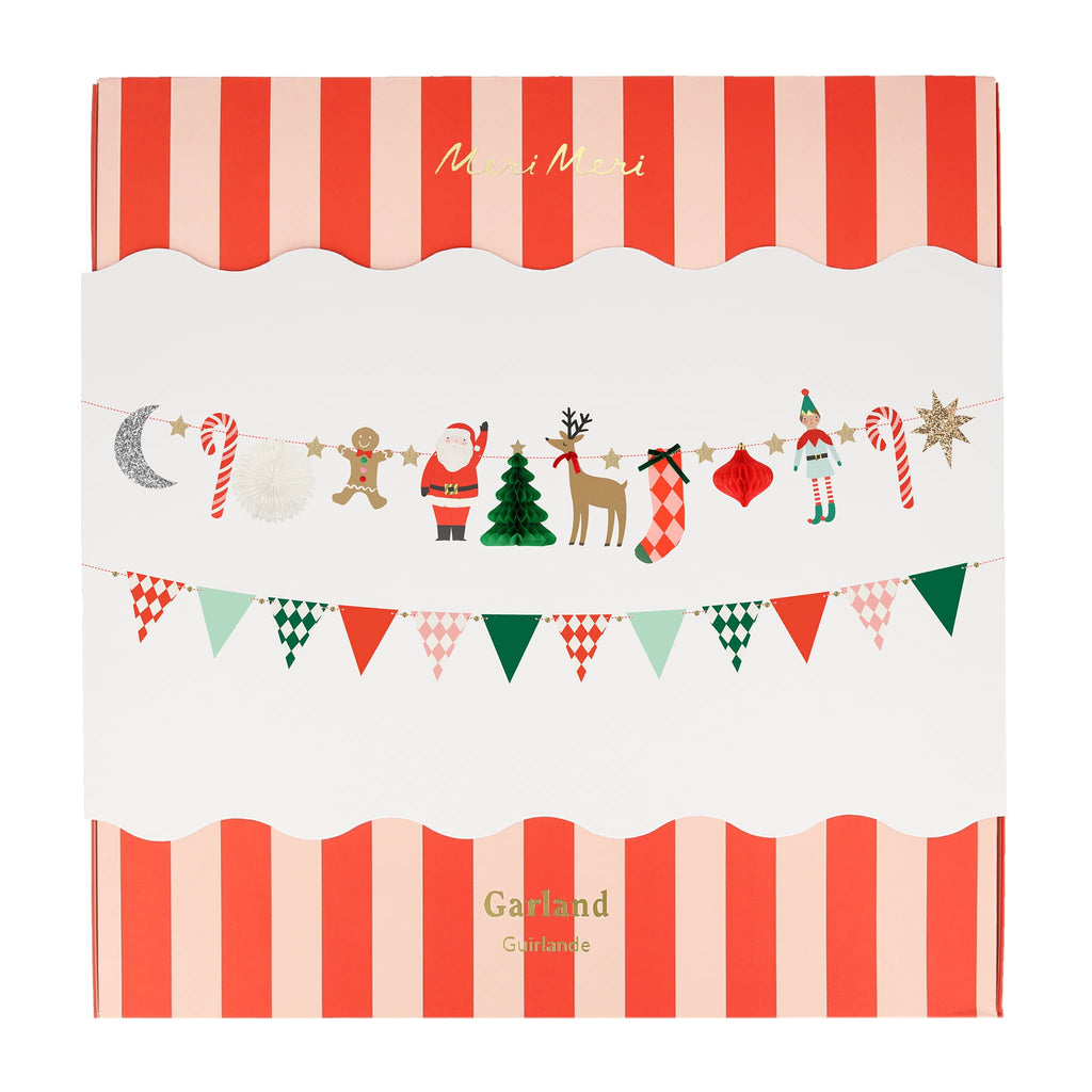 Meri Meri Christmas Characters 2-strand pennant and honeycomb garland set, in box packaging.