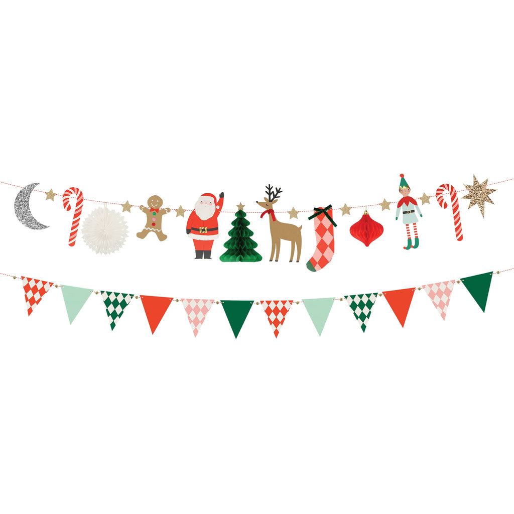 Meri Meri Christmas Characters 2-strand pennant and honeycomb garland set.