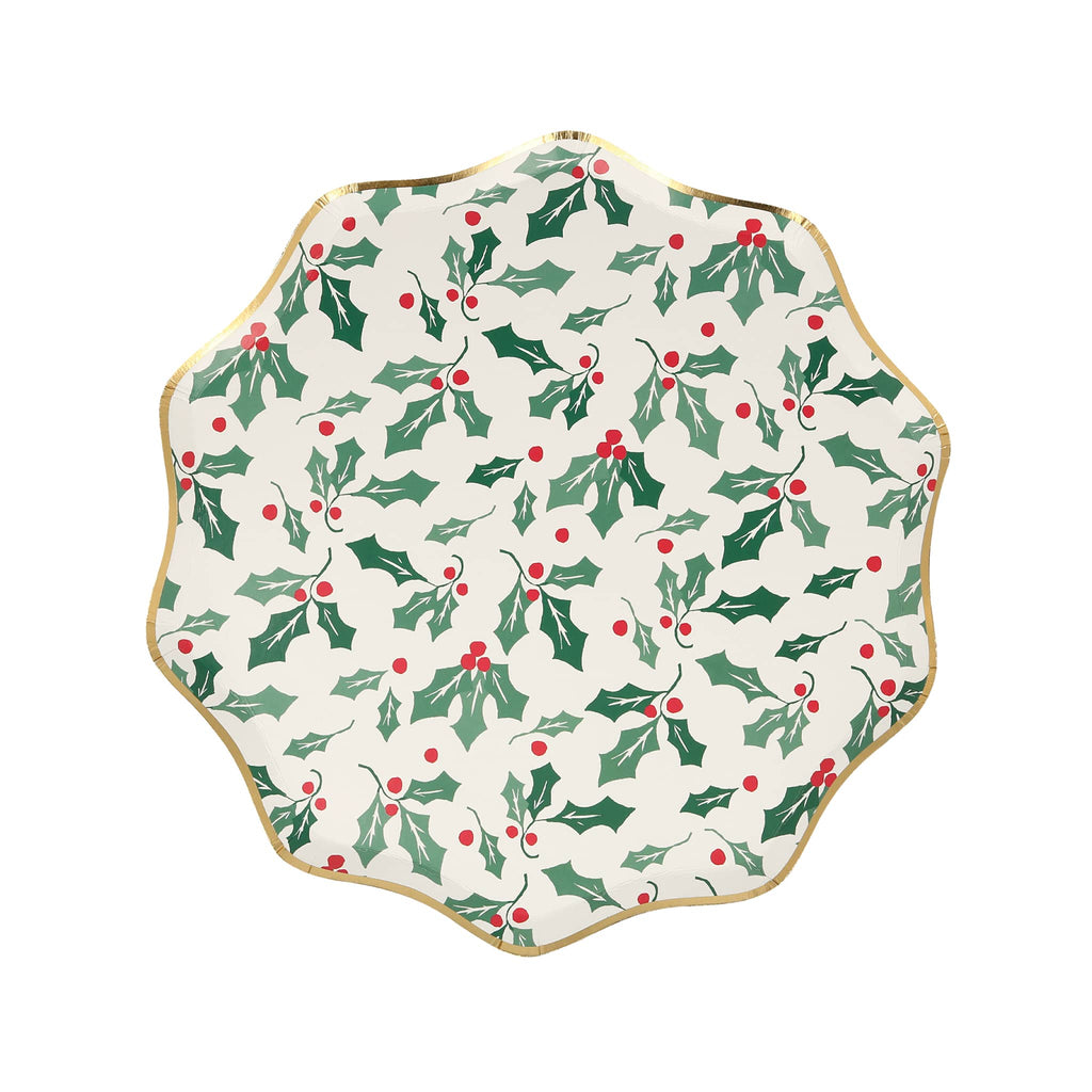 Small plate with holly berry pattern on a white background.