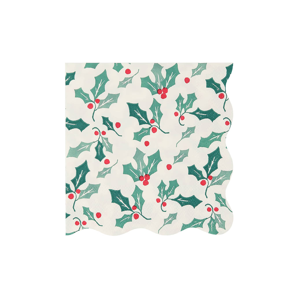 Paper napkin with holly leaf and berry pattern on a white background.