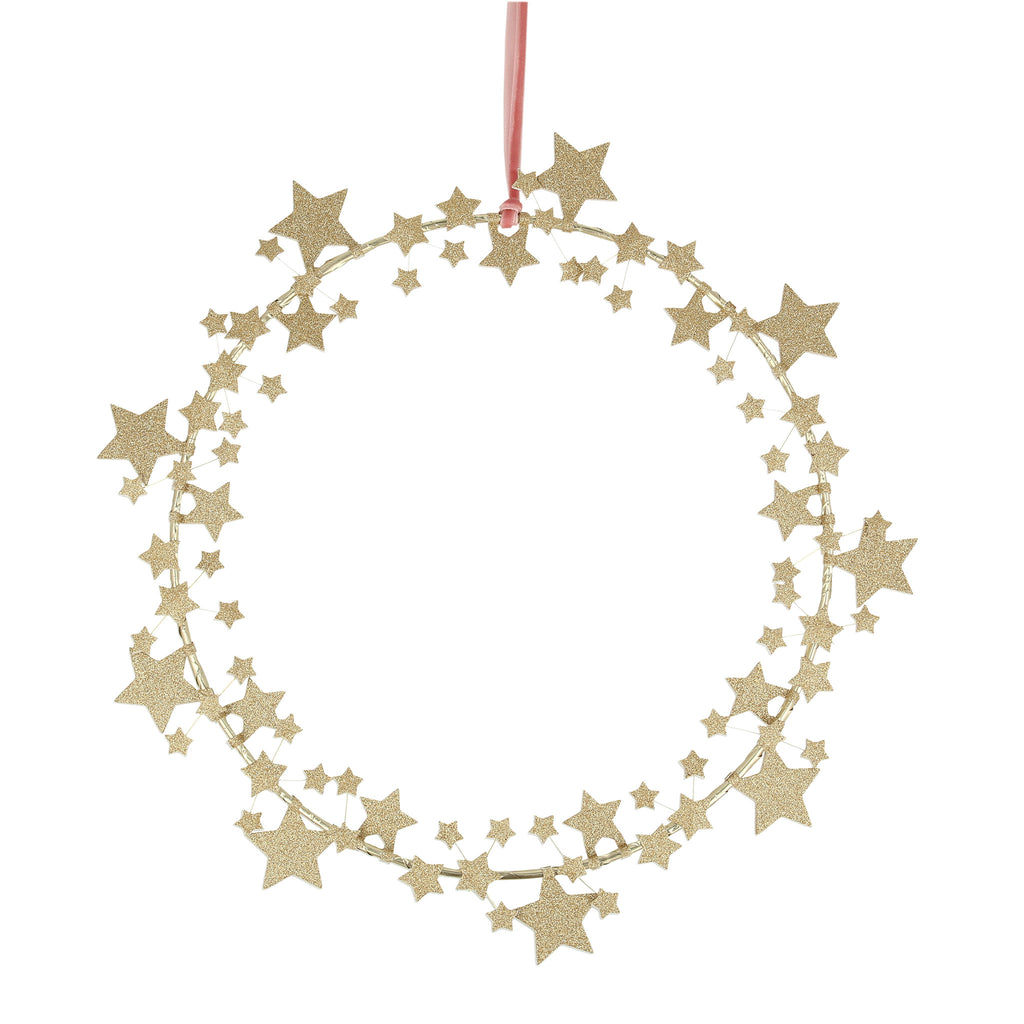 Meri Meri Gold Eco-Glitter Star Wreath with pink velvet ribbon for hanging.
