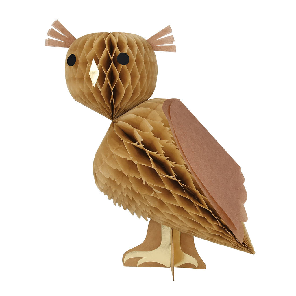 Meri Meri Honeycomb Owl halloween and wizard party decoration, perched brown owl front view.