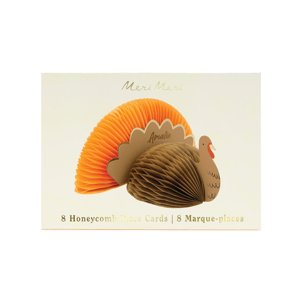 Meri Meri turkey honeycomb thanksgiving name place cards in packaging, front view.