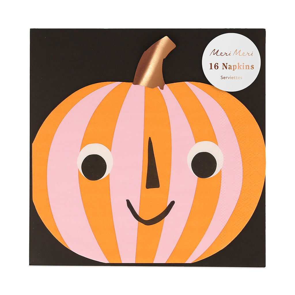 Meri Meri Pink & Orange Striped Pumpkin Halloween party paper napkins in packaging.