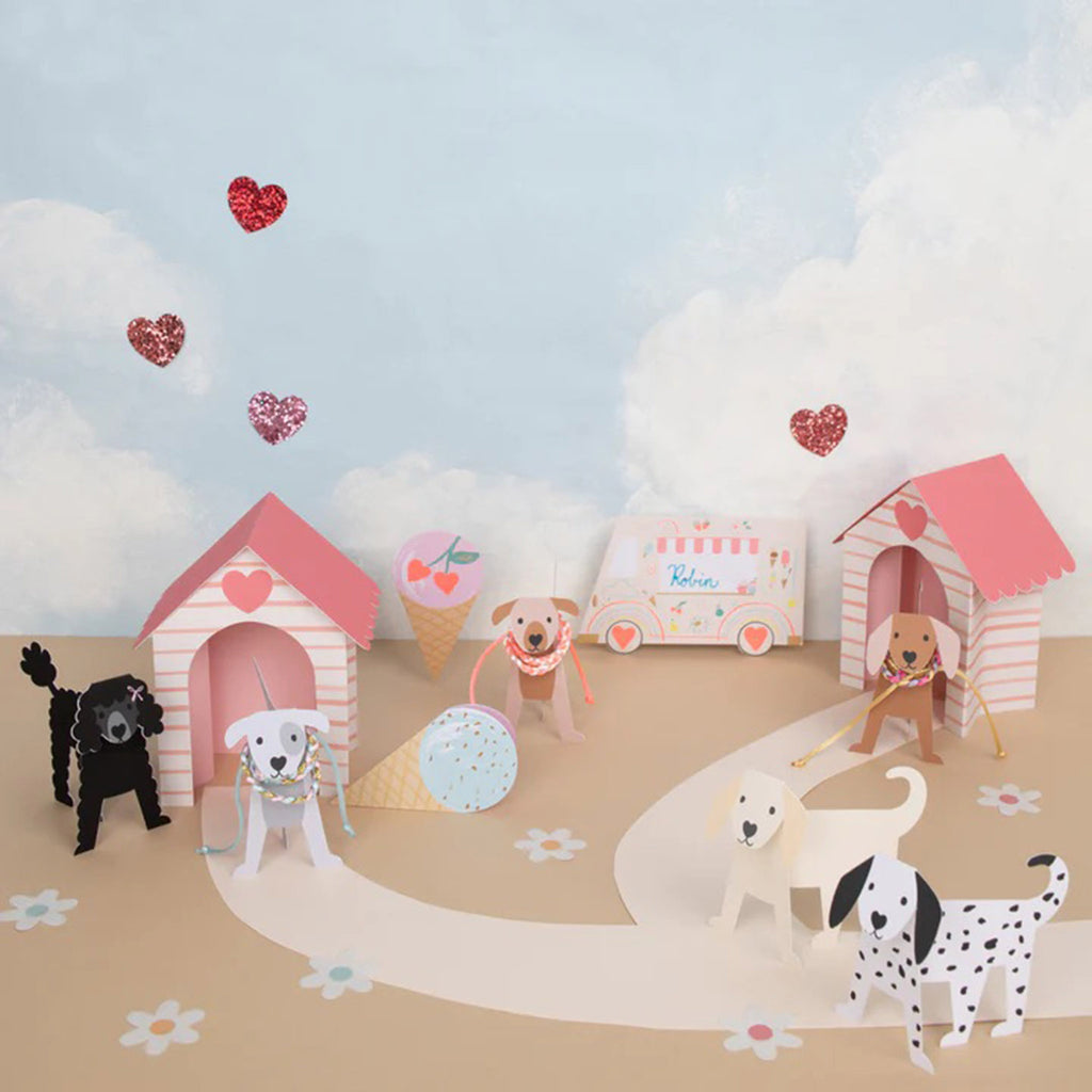 Meri Meri Dog Pop-Up Valentine's Day cards, shown assembled in a lifestyle scene.