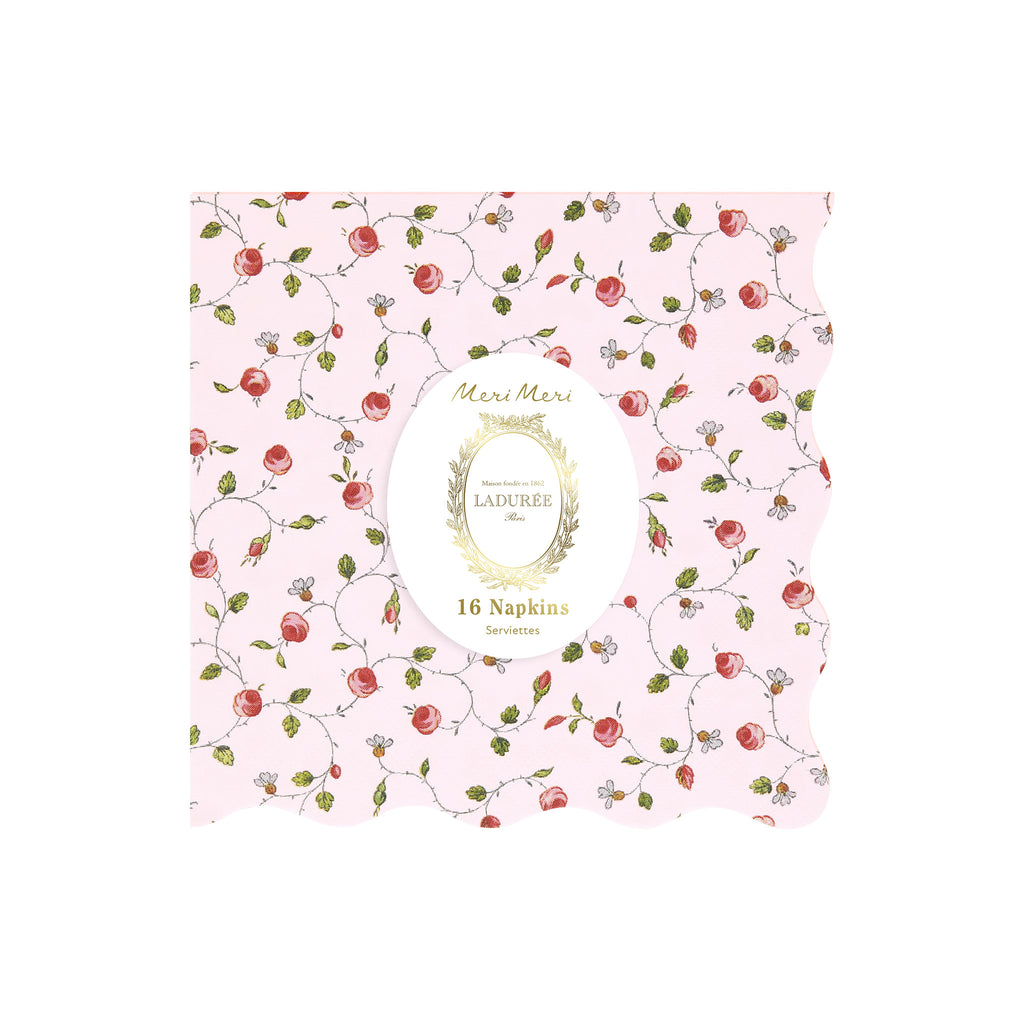 Meri Meri x Laduree Marie Antoinette light pink rosebud floral paper party large napkins with scalloped border in packaging.