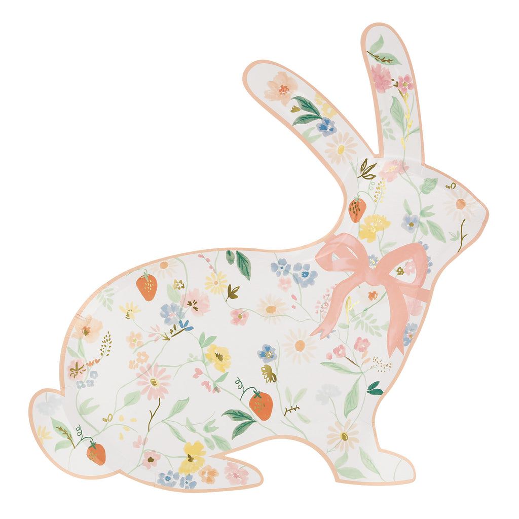 Meri Meri Elegant Floral Bunny Shaped Easter paper party plate with pink border and gold foil details.