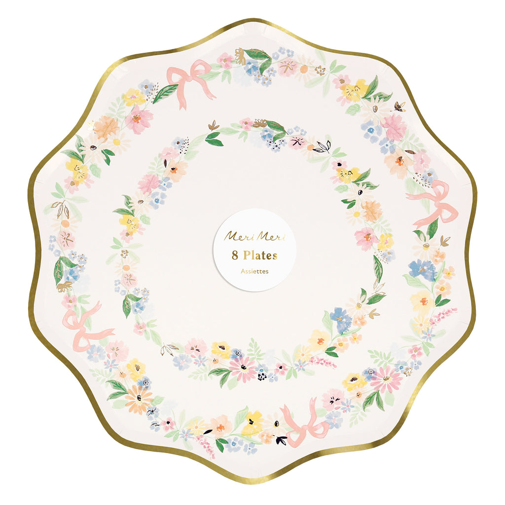 Meri Meri Elegant Floral paper party dinner plate with wavy edge and gold foil details, in packaging.