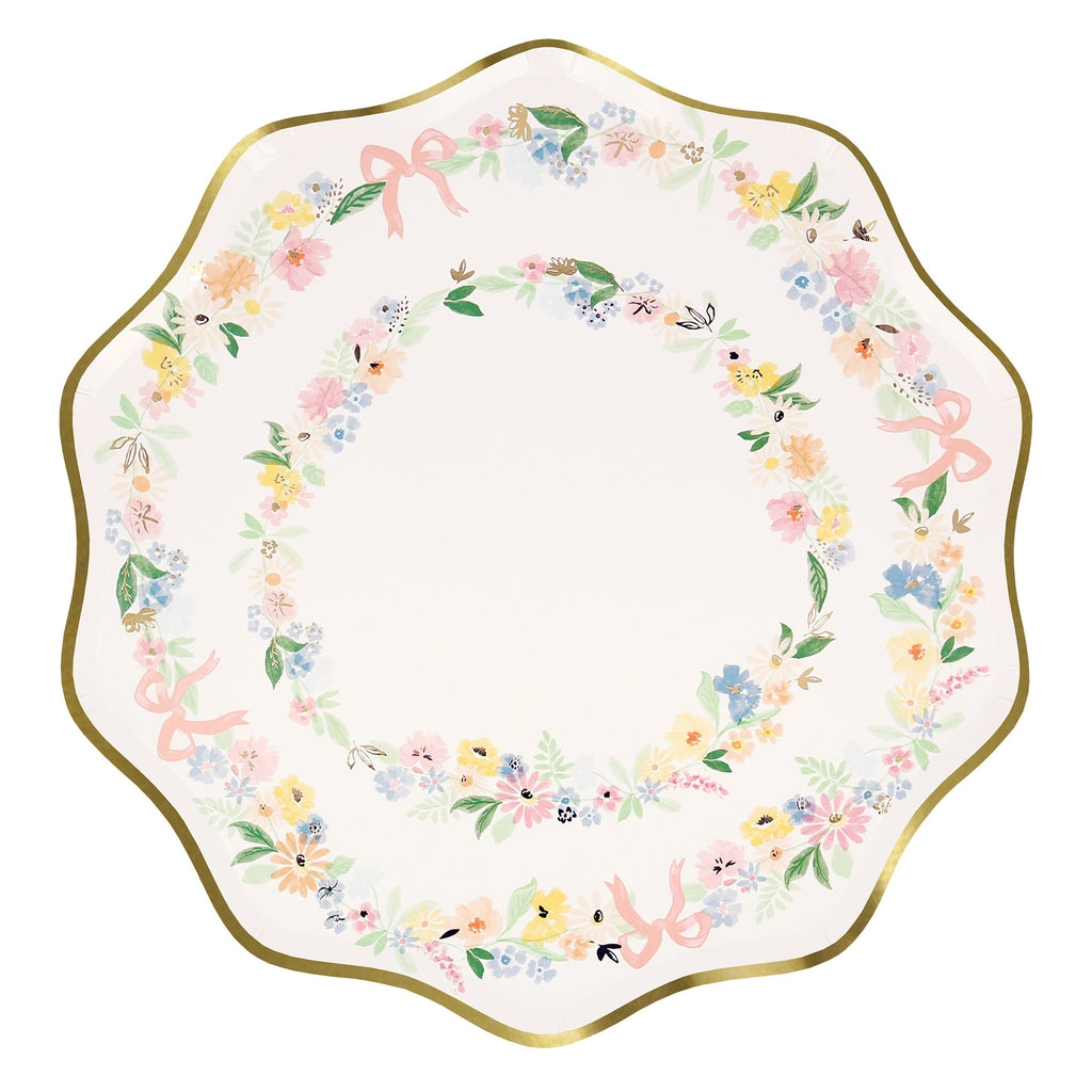 Meri Meri Elegant Floral paper party dinner plate with wavy edge and gold foil details.